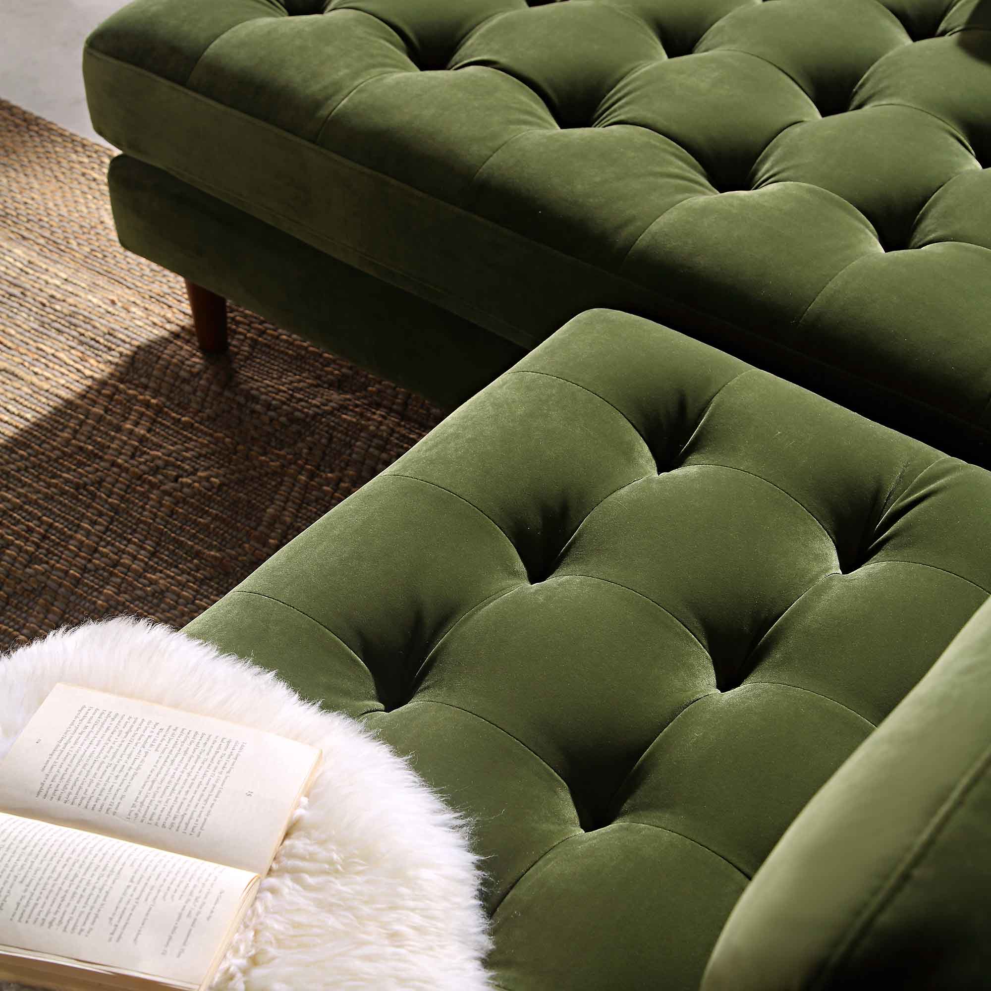 Moss Green Velvet Grand 4-Seater Chaise End Sofa, Right Hand Facing