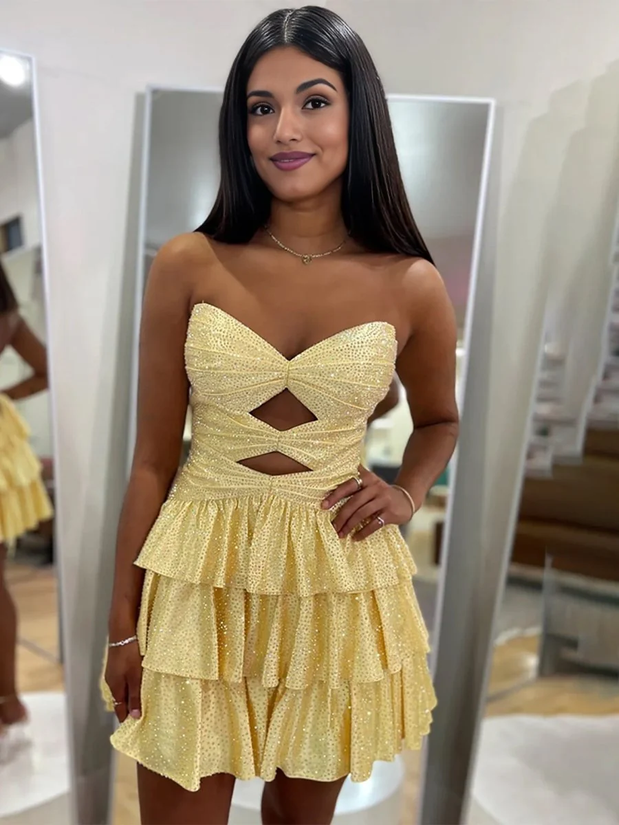 Yellow - A Line Sweetheart Satin Cut Out Ruffled Homecoming & Cocktail Dresses with Beads