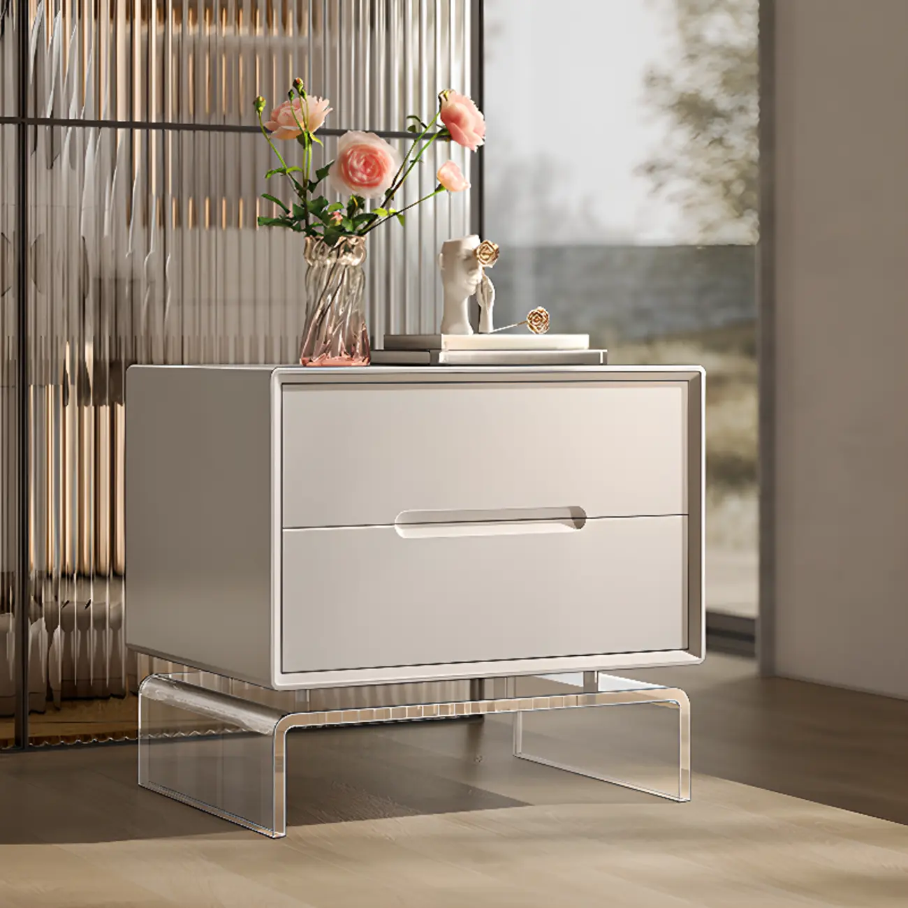 Modern Acrylic Leg Timber White Nightstand with Drawers
