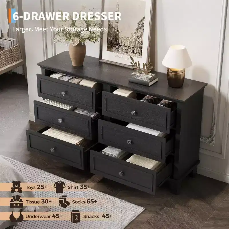 COZONY Farmhouse 6-Drawer Dresser in White, Double Wide TV Stand with Vintage Handles, Wood Chest of Drawers for Bedroom, Living Room, Hallway