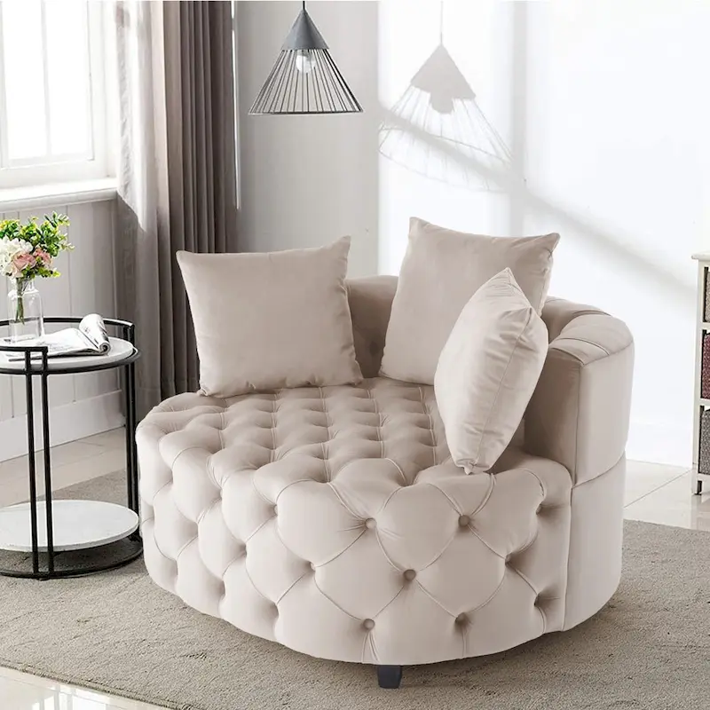 Velvet Tufted Barrel Accent Chair with 2 Pillows – Navy / Ivory / Grey / Orange / Pink / Black, Modern Style, Seats 1