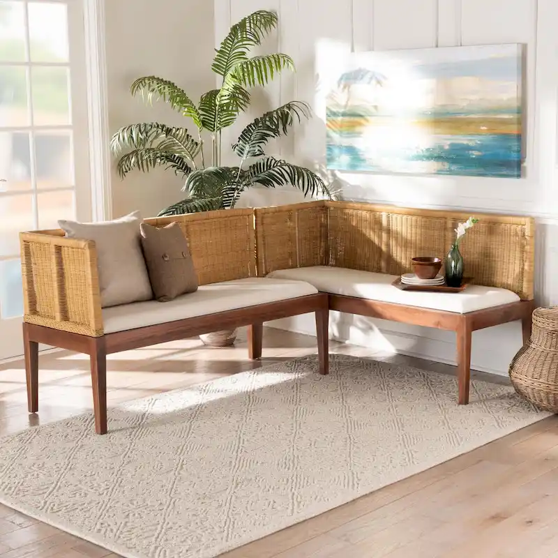 Tabanan Modern Bohemian Nautral Brown Rattan and Brown Acacia Wood 2-Piece Dining Nook Banquette Set