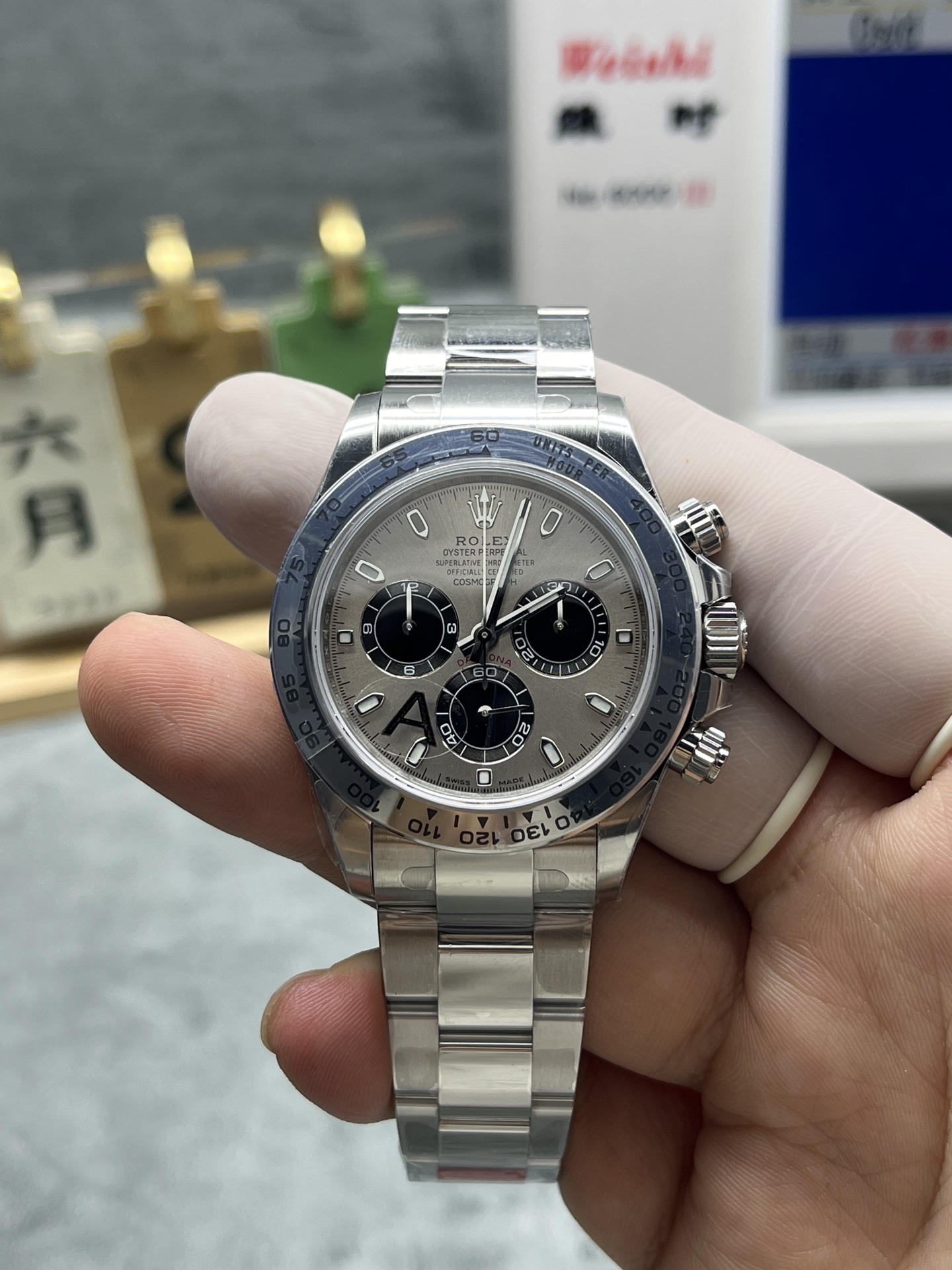 Close-up of Rolex Daytona replica silver dial and black sub-dials
