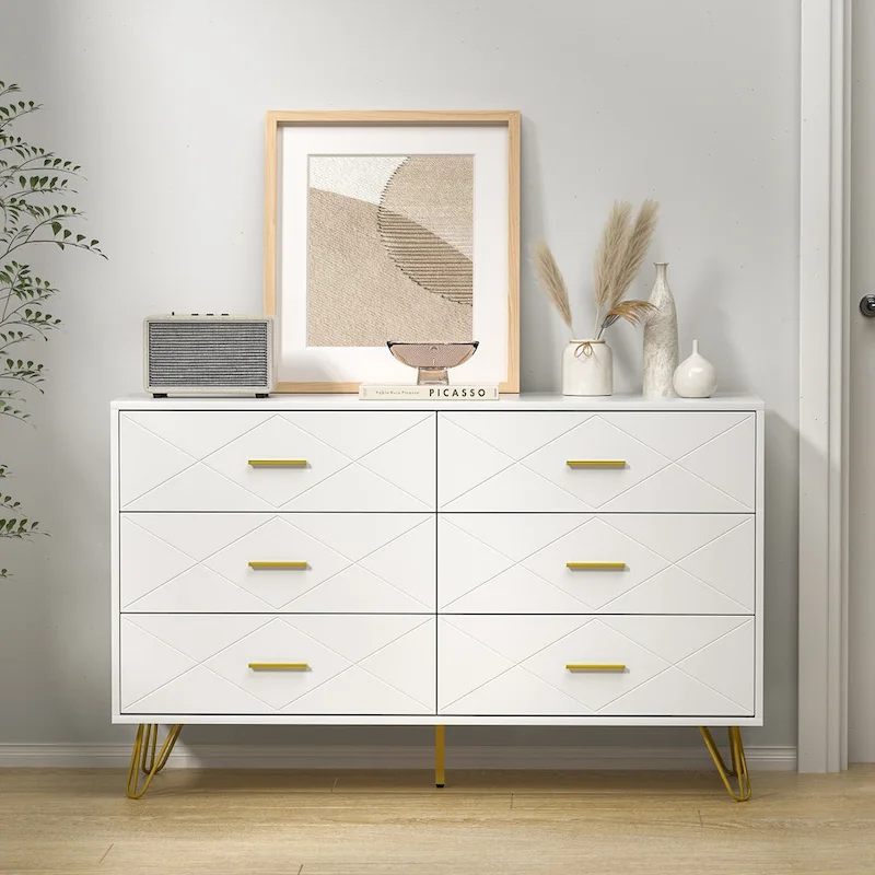 Black / White Fluted 6-Drawer Dresser with Gold Handles - Single Use