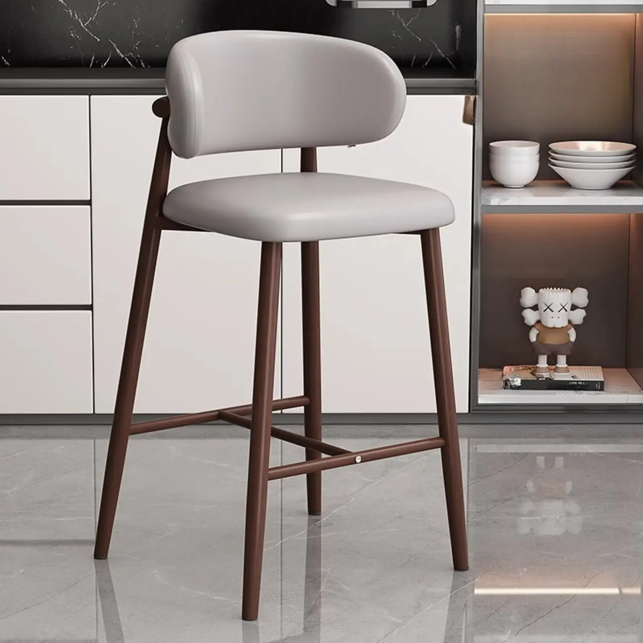 Modern Off-White Leather Curved Back Counter Bar Stools