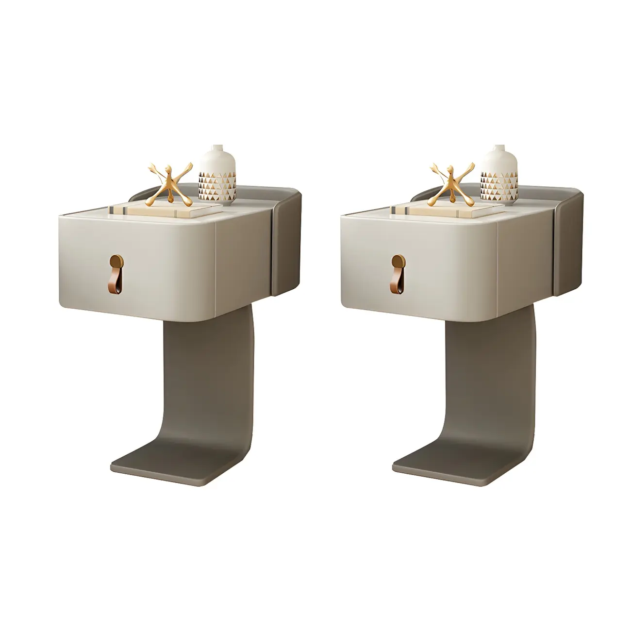 Khaki Stone Top Wood C-Shaped Nightstand with Drawer