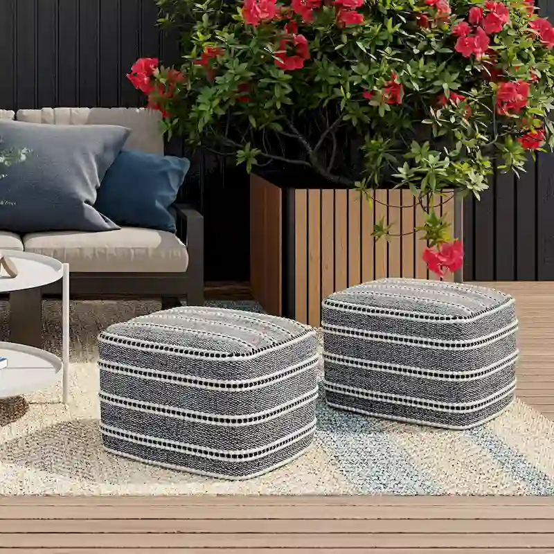 Square Woven Pouf in Navy & White, Water & UV Resistant Recycled Polyester