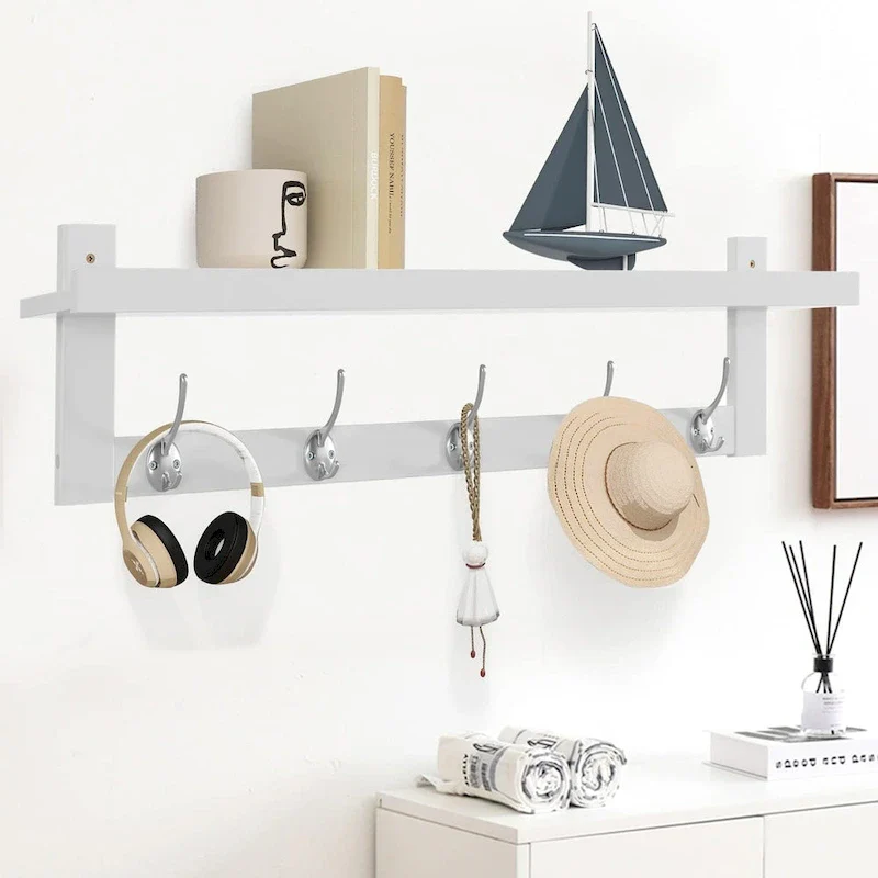 Coat Hooks with Shelf Wall-Mounted, Bamboo Hanging Shelf with 5 Double Metal Hooks