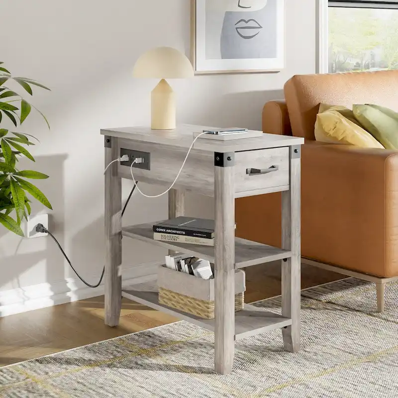 Farmhouse Narrow Side Table with Charging Station Drawer and Storage