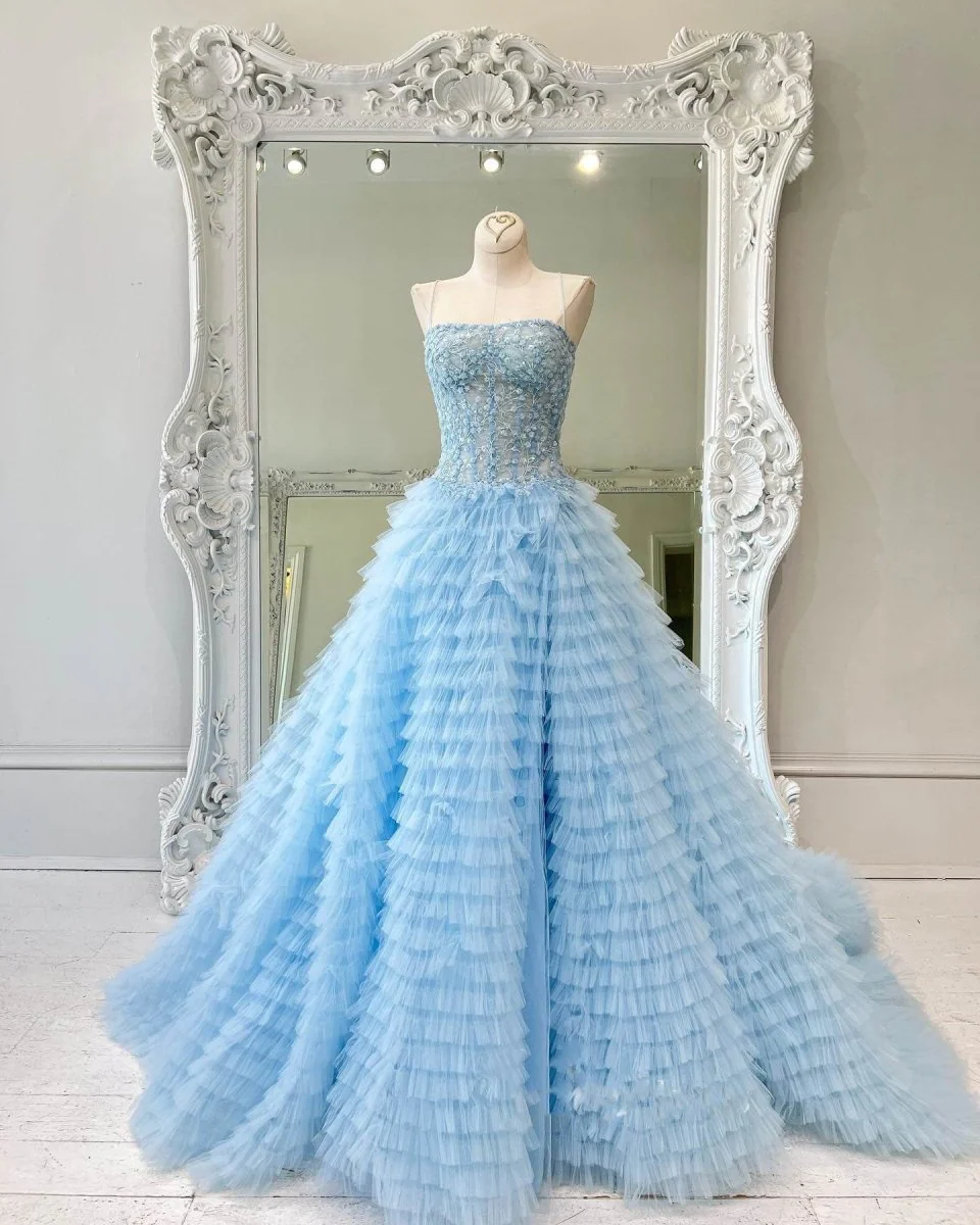 A-Line Tiered Sequins Tulle Long Prom Dress