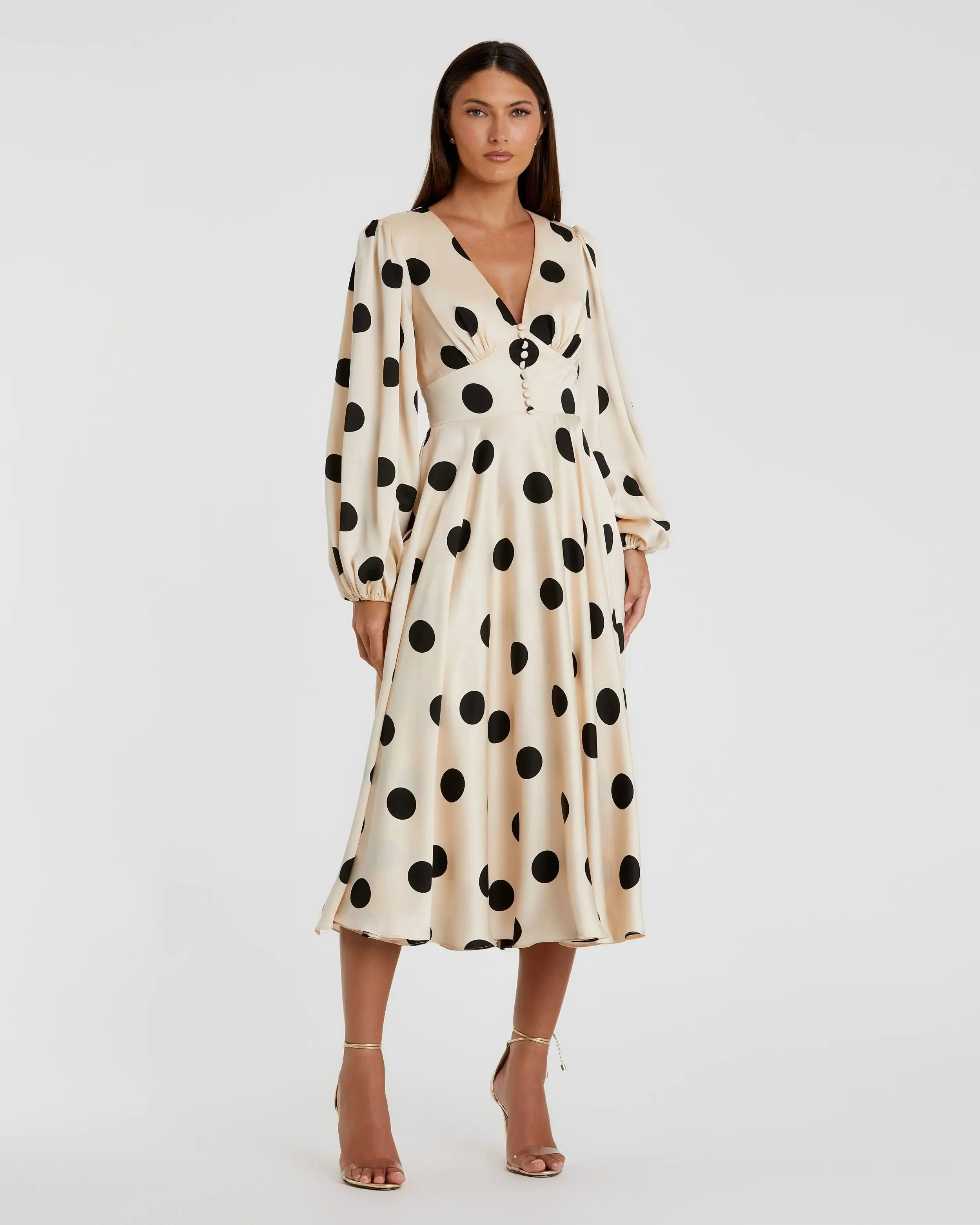 Beige Polka Dot Charmeuse Long Sleeve V Neck Midi Dress