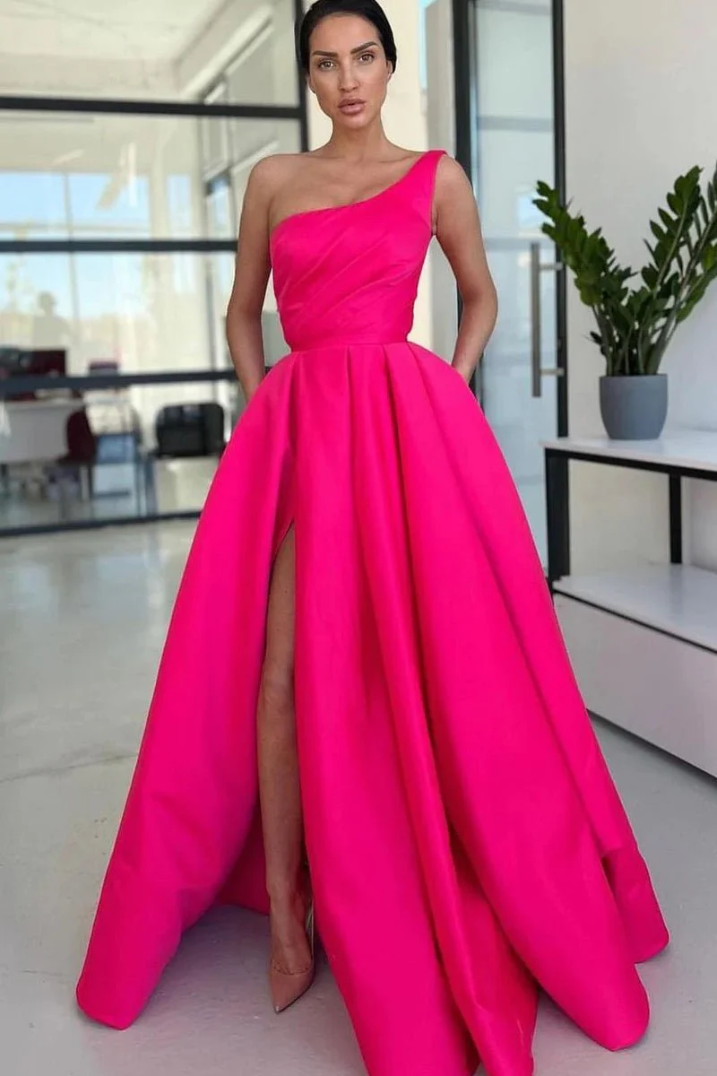  Charming A Line One Shoulder Fuchsia Satin Long Prom Dresses with Slit