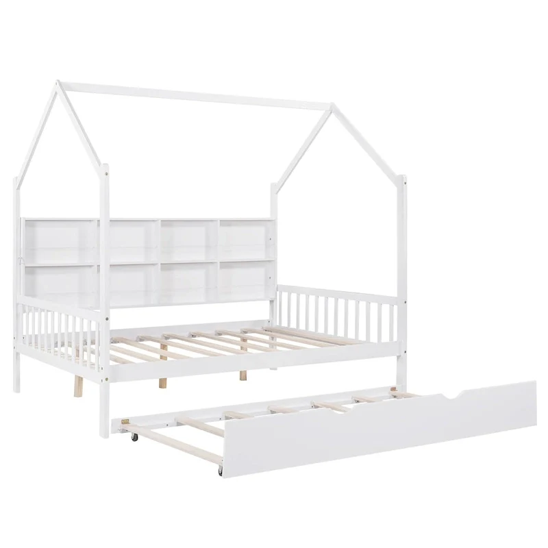 Full Solid Wood House Day Bed with Trundle