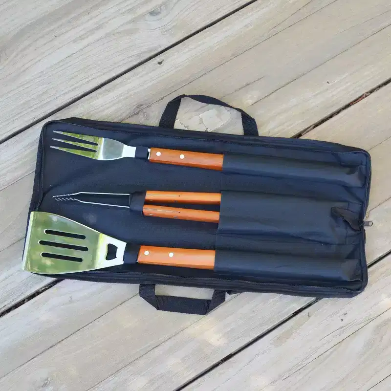 BBQ Tool Set, 3 Piece Wood w/Case