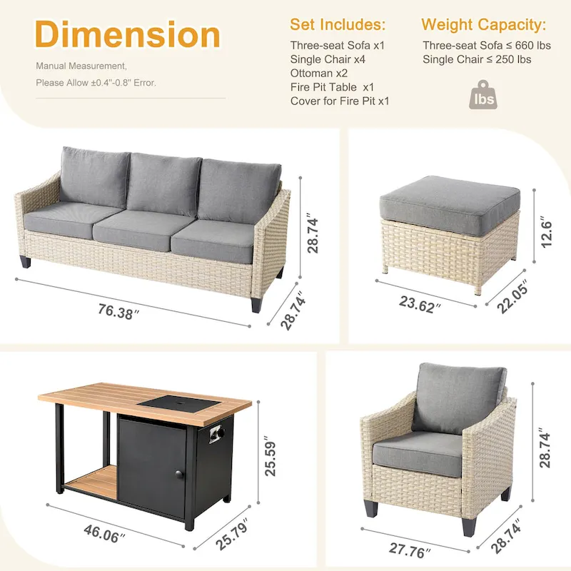 HOOOWOOO 8-piece Patio Wicker Rattan Conversation Set with Multifunctional Fire Pit Table