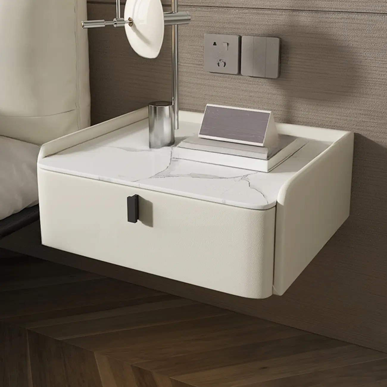 Minimalist White Stone Top Wall-Mounted Wood Nightstand
