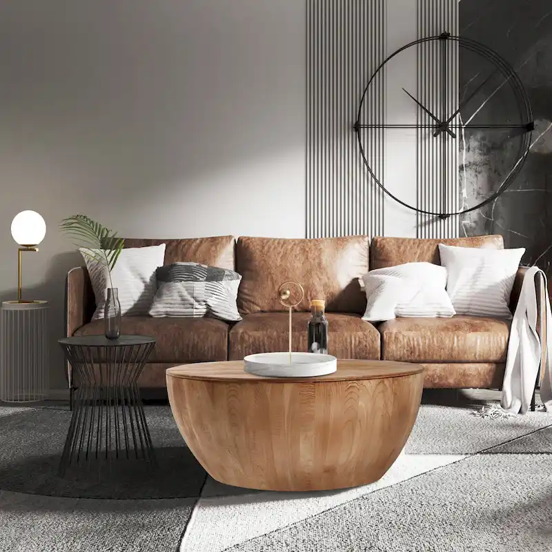 Natural Wood Barrel-Shaped Coffee Table with Storage