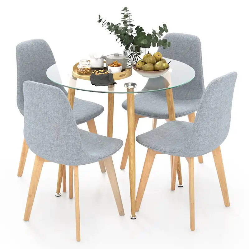 Grey Fabric 5-Piece Round Tempered Glass Dining Set for 4