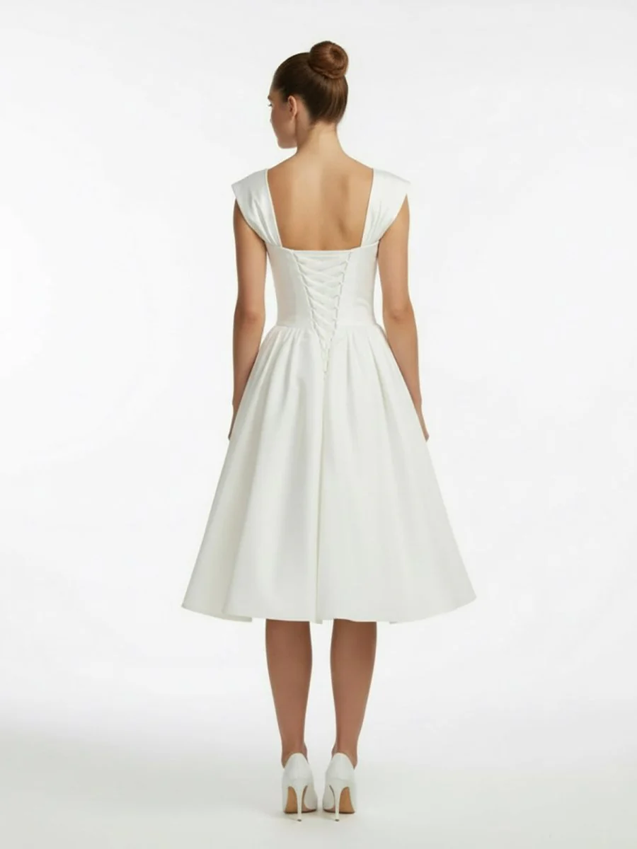 Straps Sleeveless Lace-Up Back Tea-Length Satin Wedding Dress