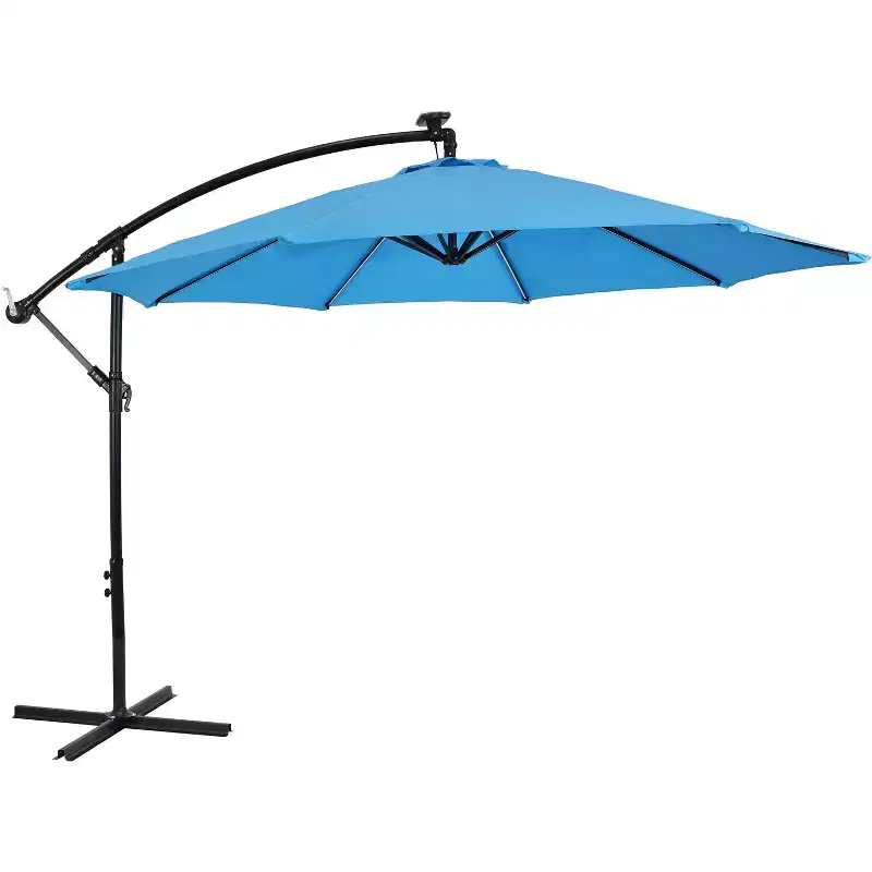 Sunnydaze Outdoor Steel Cantilever Offset Patio Umbrella with Solar LED Lights, Air Vent, Crank, and Base - 9'