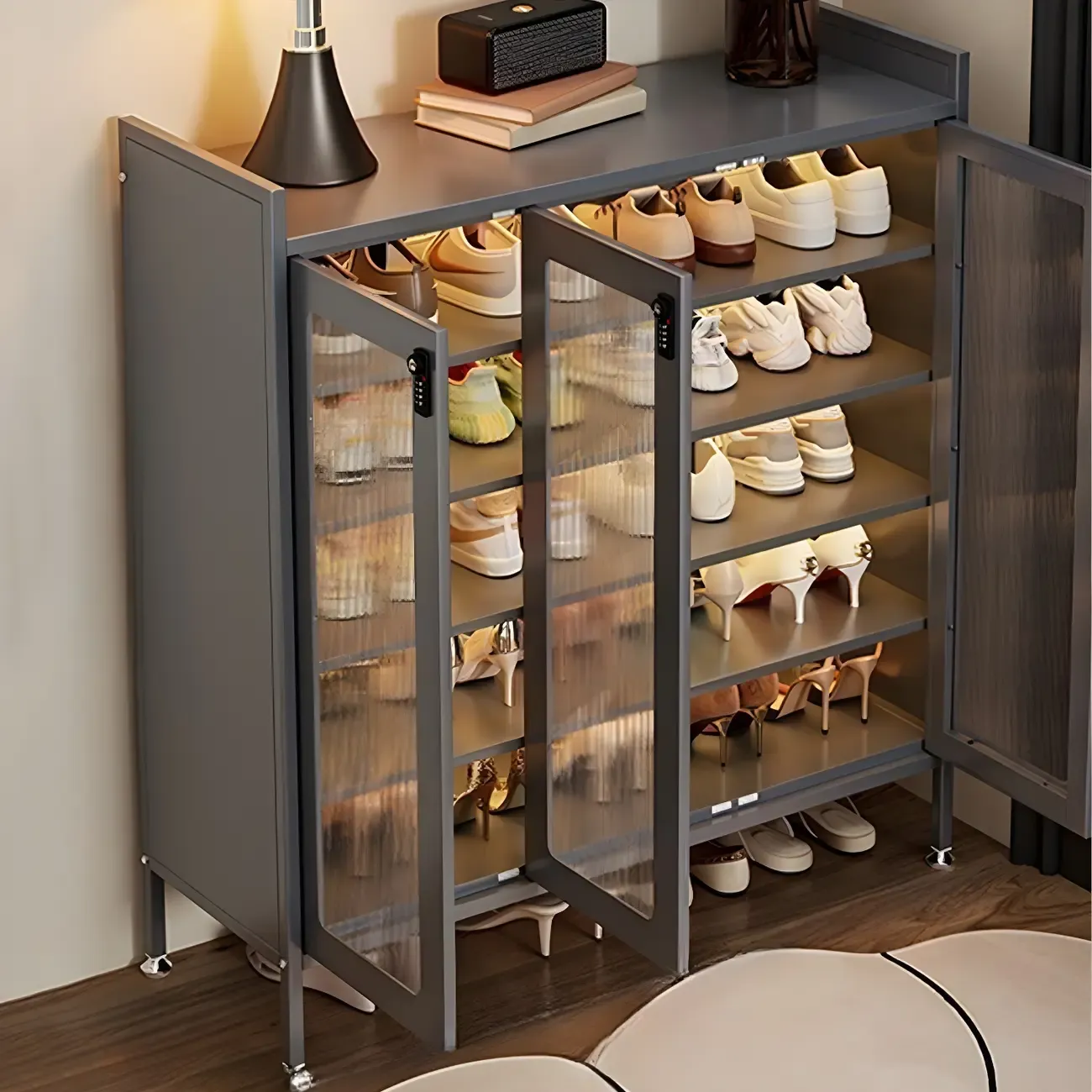 Elegant Grey Metal Code Lock Shoe Cabinet for Hallway