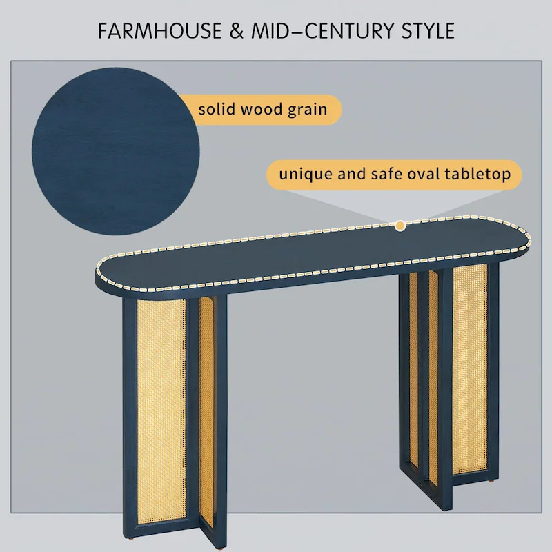 Farmhouse Rattan Console Table Entryway Table,Navy