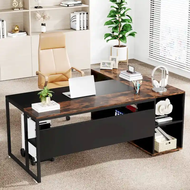 71 inch L Shaped Executive Desk with Cabinet