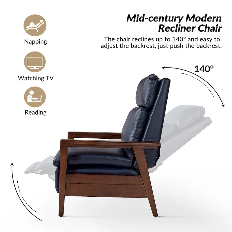 Mid-century Vegan Leather Solid Wood Recliner