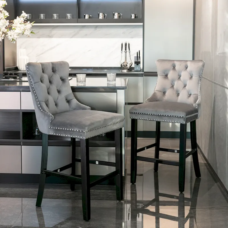 Square Velvet Upholstered Bar Stools with Footrest, Set of 2