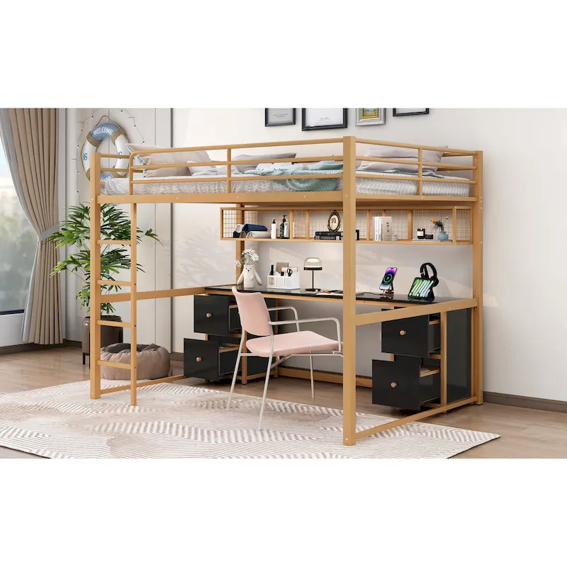 Gold+Black Full Metal Loft Bed with Desk, Drawers & Charging Station