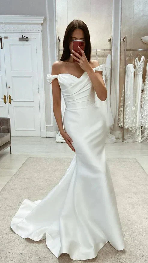 Chic Satin Mermaid Off-Shoulder Ruched With Train Beach Wedding Dress