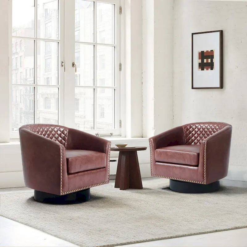 Faux Leather Nailheads Swivel Barrel Chair Set of 2