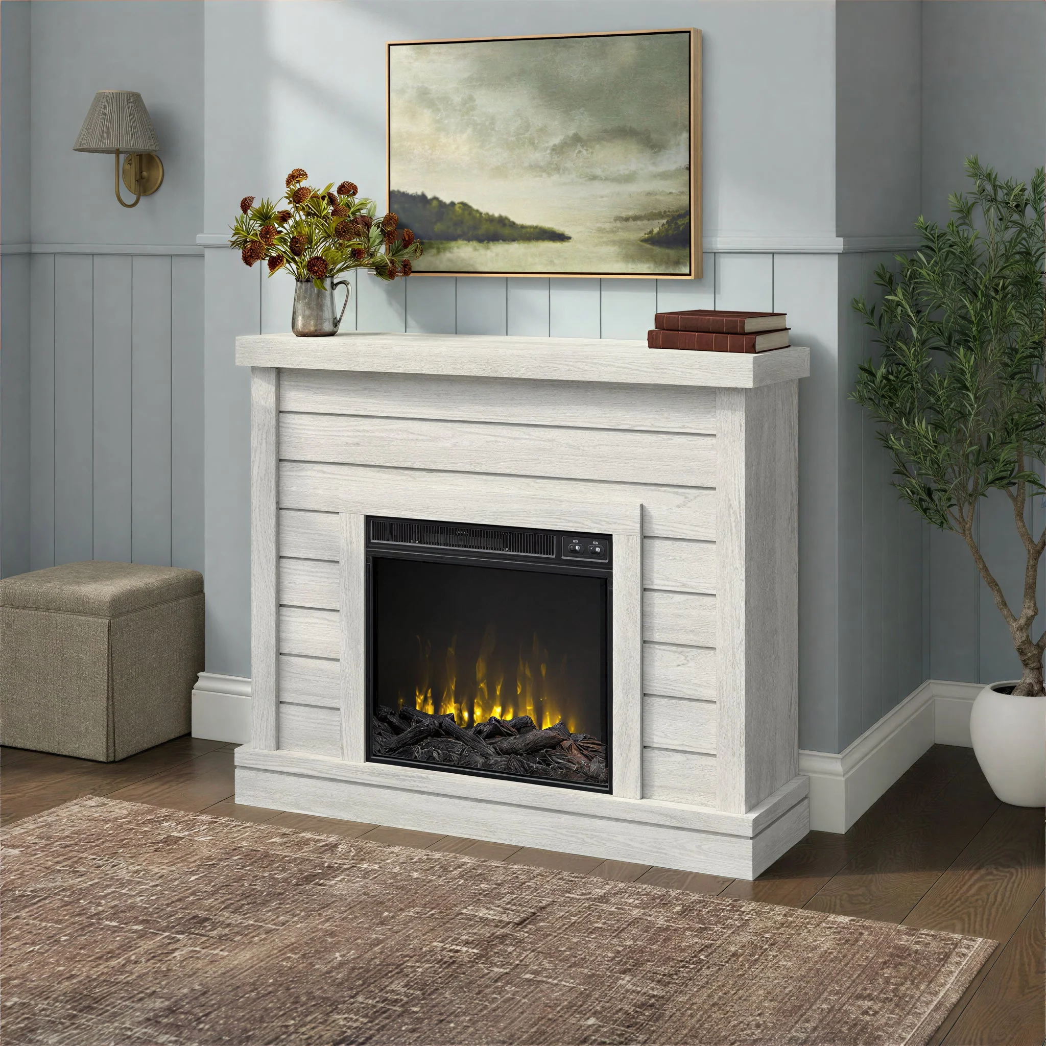 Farmhouse Shiplap Wall Mantel with Electric Fireplace