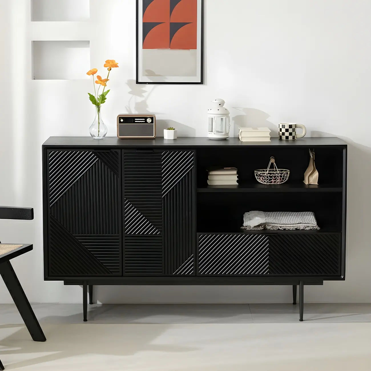 Geometric Black Wooden Sideboard with Drawer & Cabinet