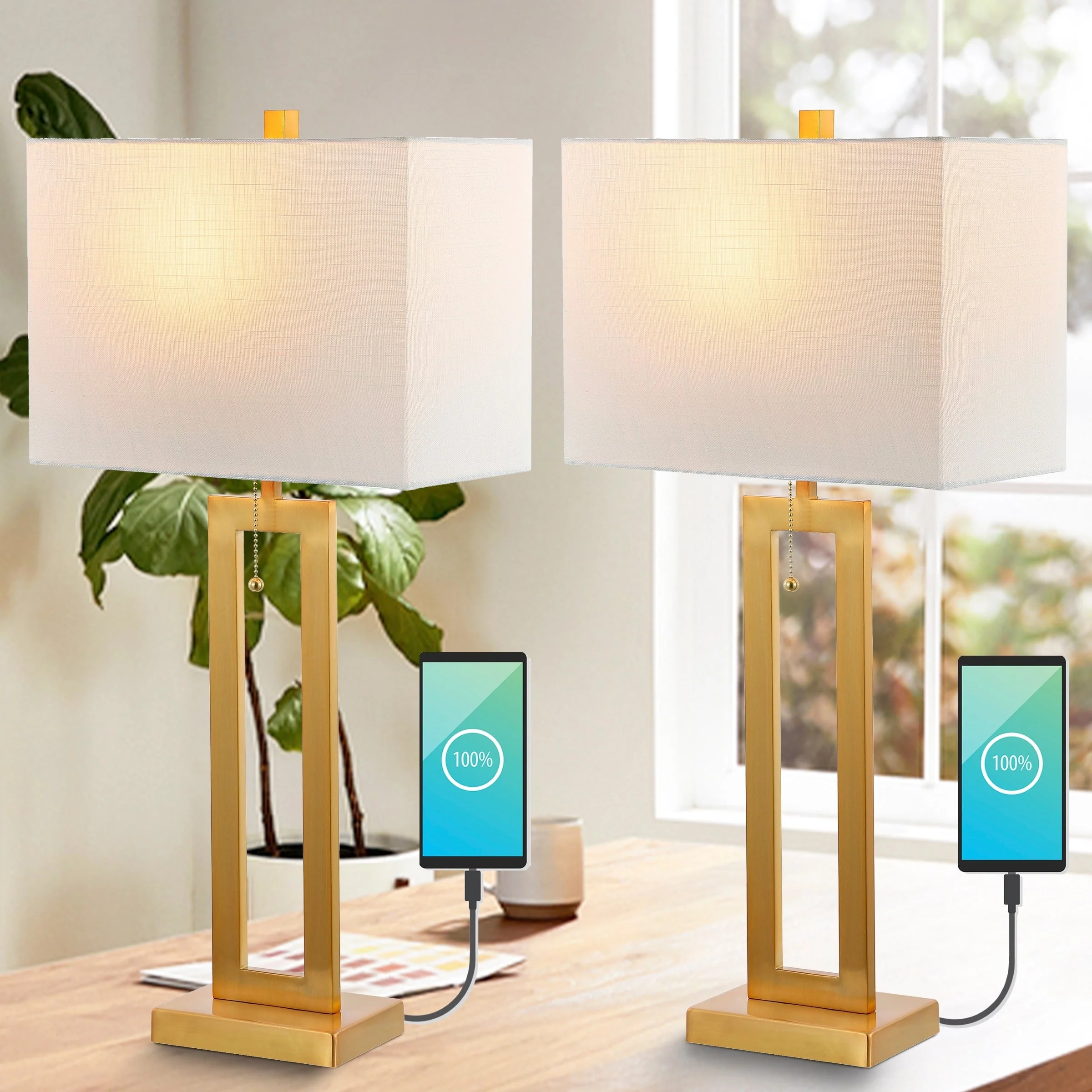 Lucie 28.5 Vintage Industrial Iron LED Table Lamp with Pull-Chain and USB Charging Port, (Set of 2) by JONATHAN Y