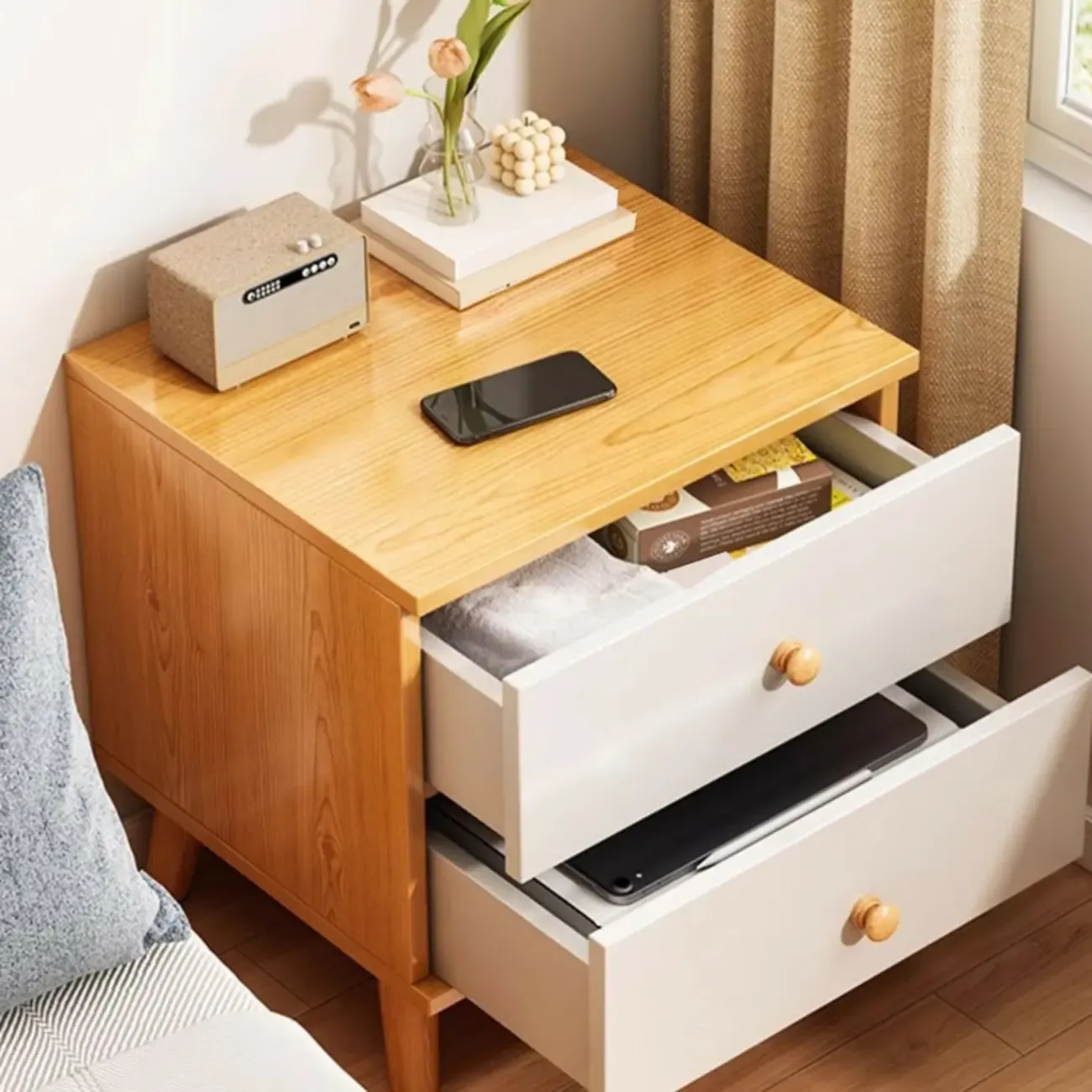Modern Wooden Bedside Table with Dual Drawers