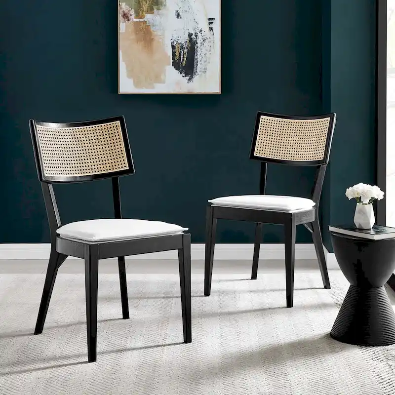 Natural Wood Dining Chair with Rattan Back