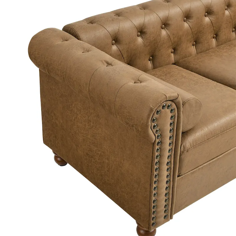 Brown 74.5 Fabric Upholstered Chesterfield Sofa with Tufted Backrest, 2 Headrests, and Sponge Cushions