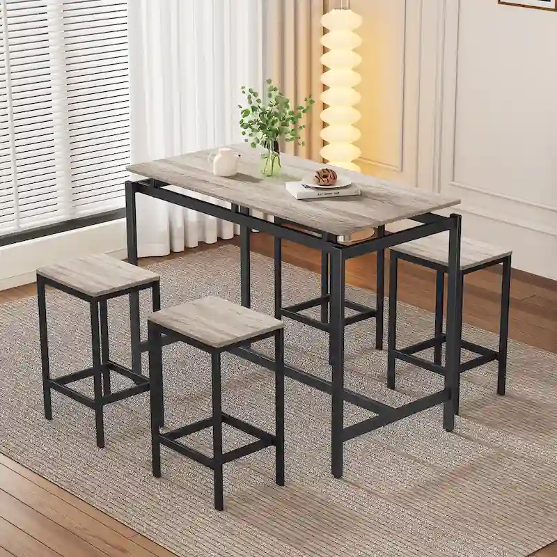 5-Piece Industrial Bar Table Set with Rectangular Table & 4 Chairs