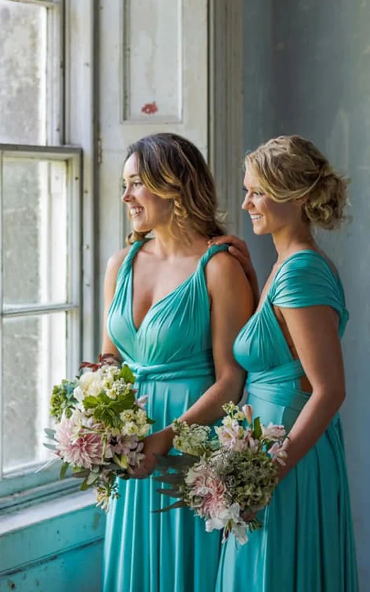 A Line Halter Neck Jersey Bridesmaid Dress With Half Sleeves And Straps Back
