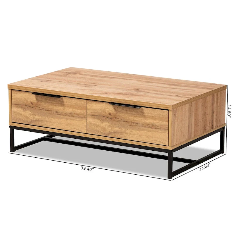 Oak Brown 2-Drawer Coffee Table with Metal Legs