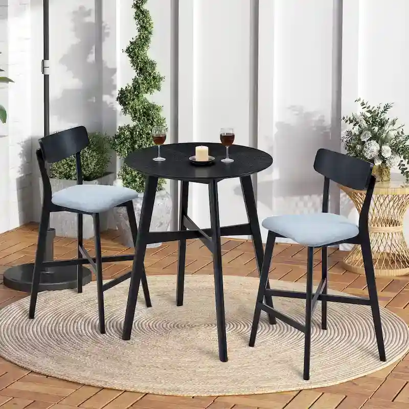Modern 3-Piece Dining Set with Round Wood Table and 2 Solid Wood Upholstered Bar Stools for Dining Room Bar and Living Room