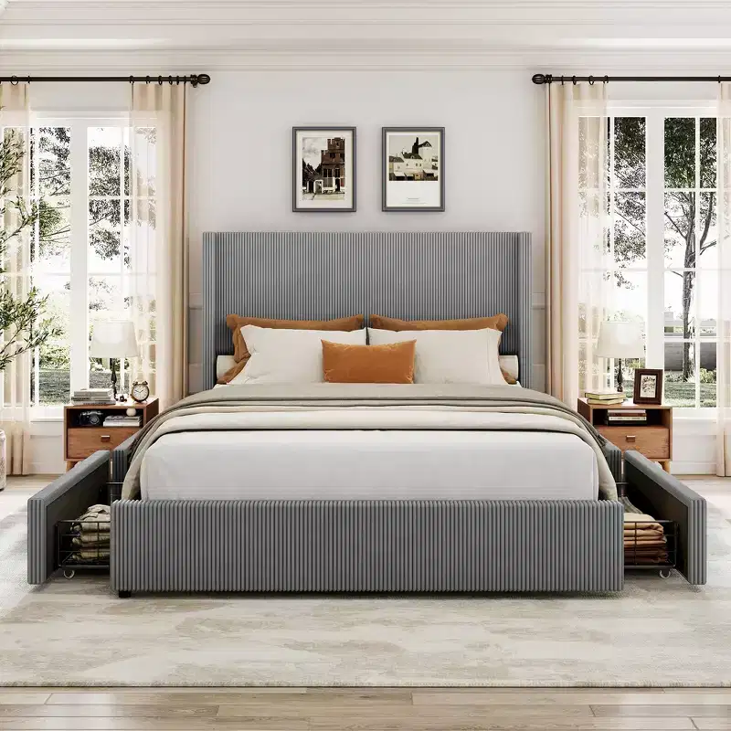 Soft Padded Platform Bed with Headboard, Wooden Slats for Support, 4 Drawers, no Spring Box, no Noise, Easy to Assemble, Extra-large Size, Grey
