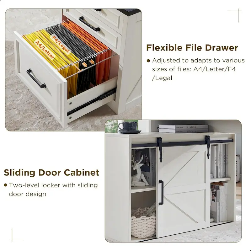 Modern Farmhouse Home Office Desk, Computer Desk with File Cabinet