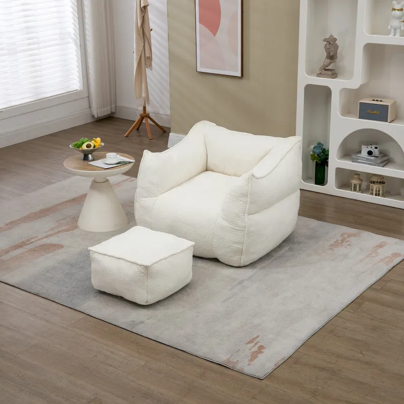 Boucle Upholstered Deep Seat Armless Square Bean Bag Chair with Ottoman
