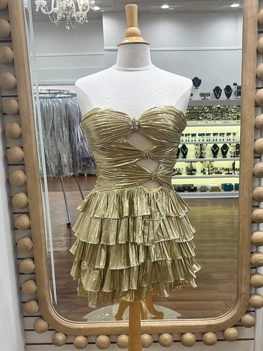 Gold - Strapless A Line Metallic Tiered Homecoming Dress With Beading