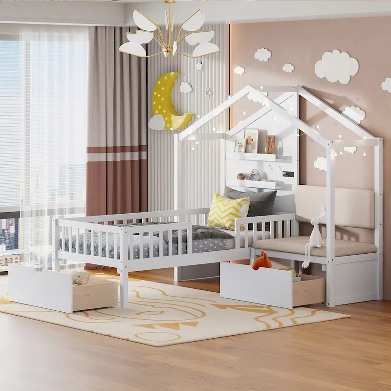 Grey/White Twin House Bed with Sofa & Storage, LED Light, for 1