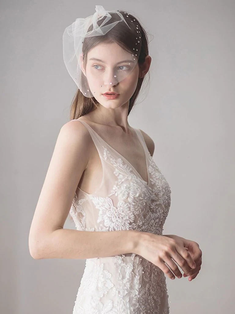 Vintage-Inspired Birdcage Veils with Tiny Crystals Blusher Veil