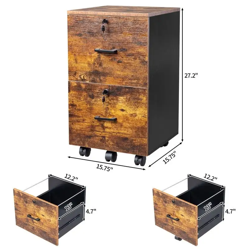 2-Drawer Rolling Wood File Cabinet with Lock