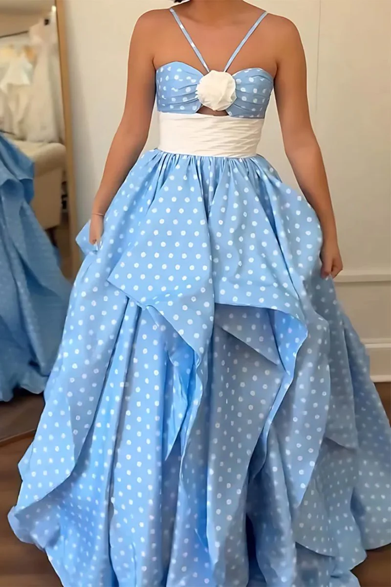 Blue - Halter Satin A Line Dot Prom Dresses With Flower